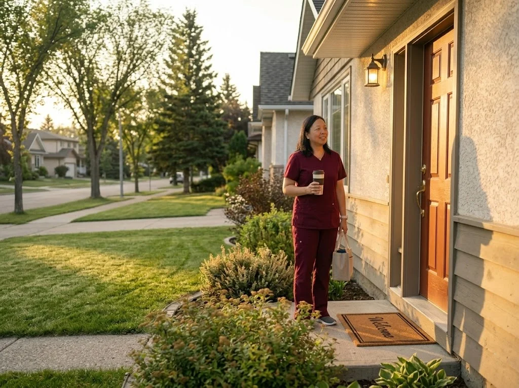Caregiver arriving calmly at a client home