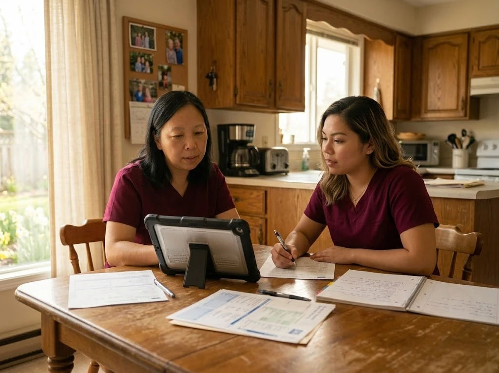 Nurse reviewing a care plan with a health care aide